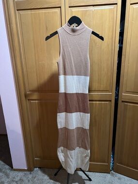 Freshman Sleeveless Striped Maxi Dress in Tan and Cream